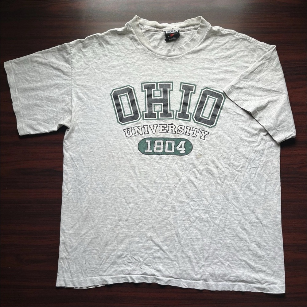 Vintage Ohio University T-Shirt Thrashed Faded White Single Stitch Mens Size XL